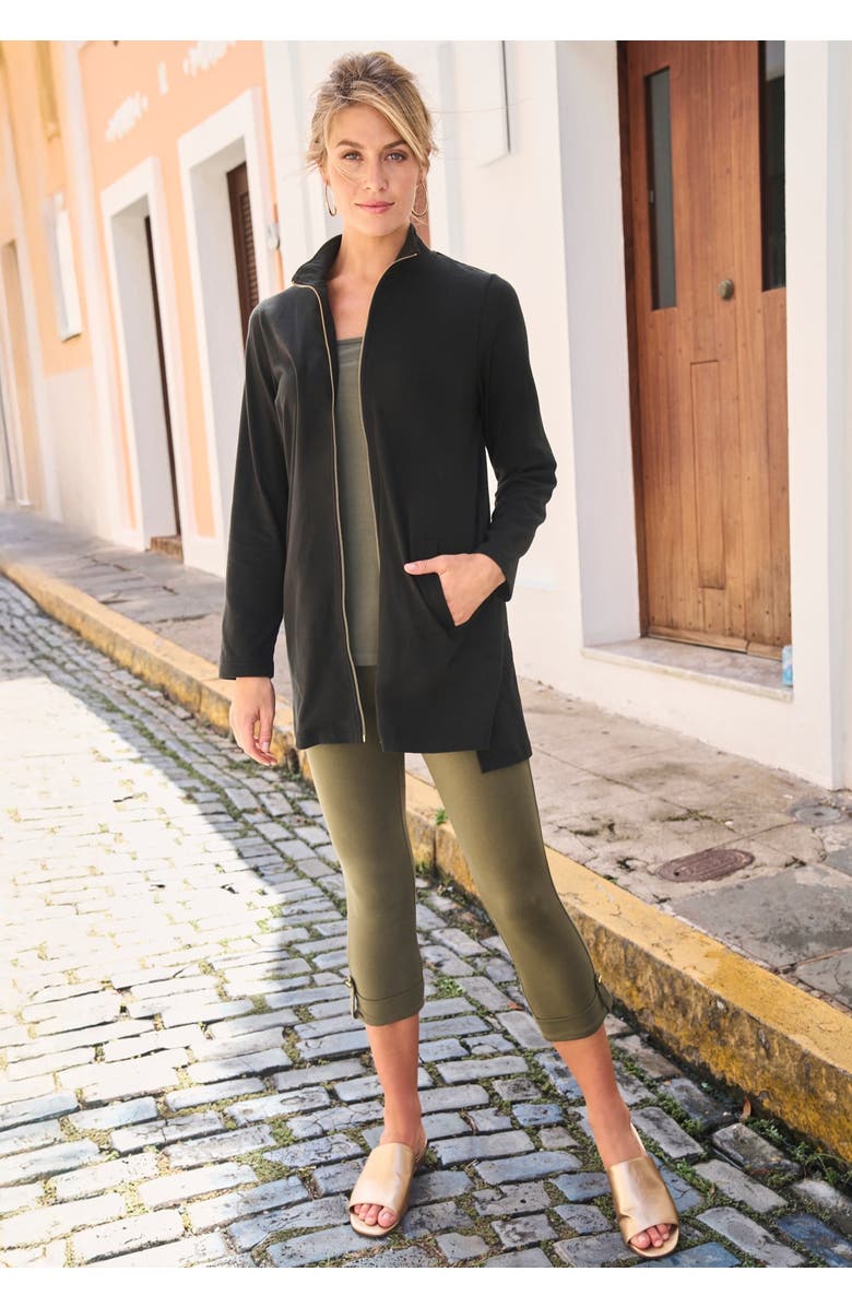 Jessica London Stretch Cotton Zip Front Hi-Low Jacket, Alternate, color, Black Mini Houndstooth