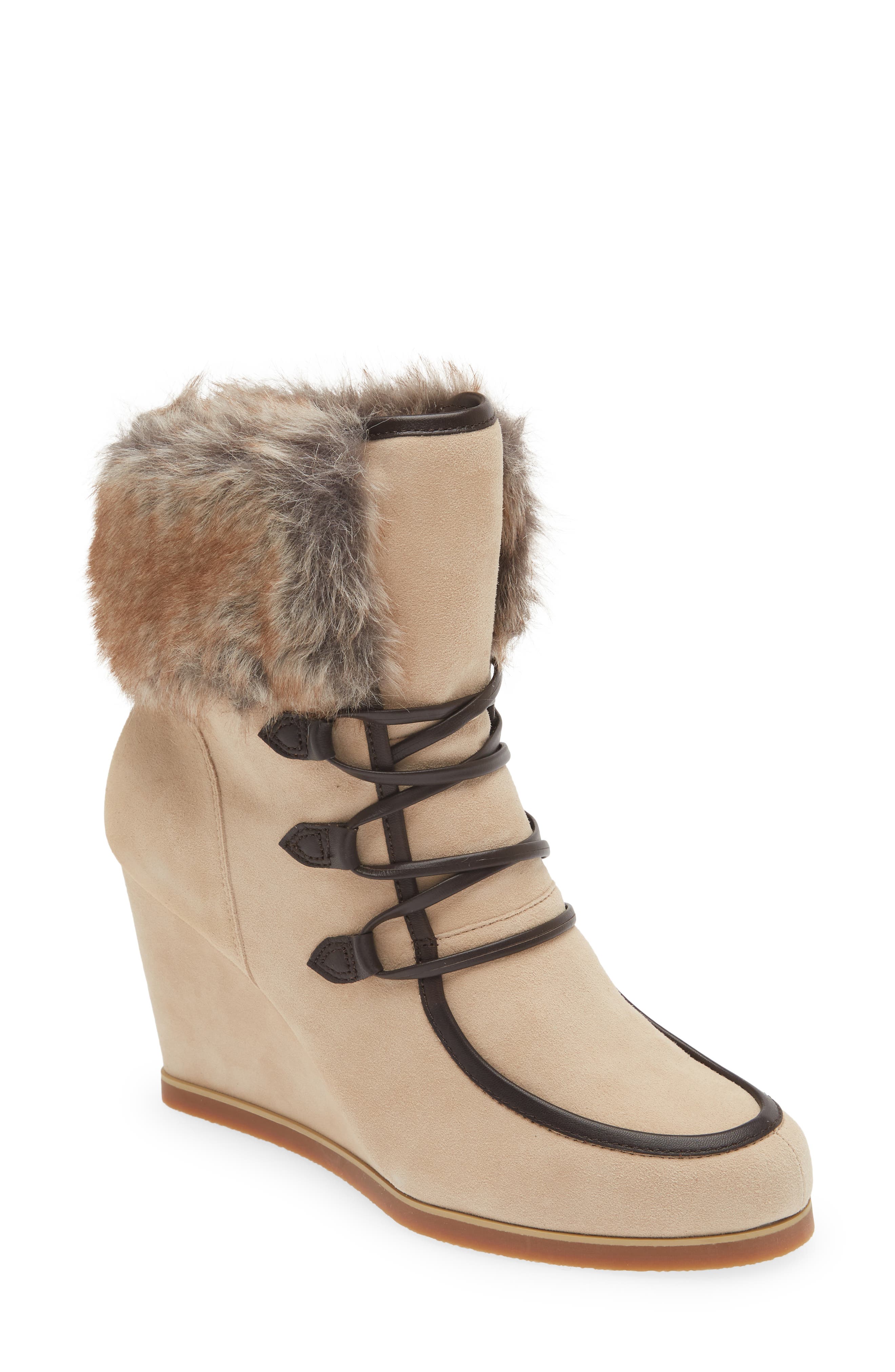 North Star Wedge Bootie, Main, color, BEIGE FAUX FUR
