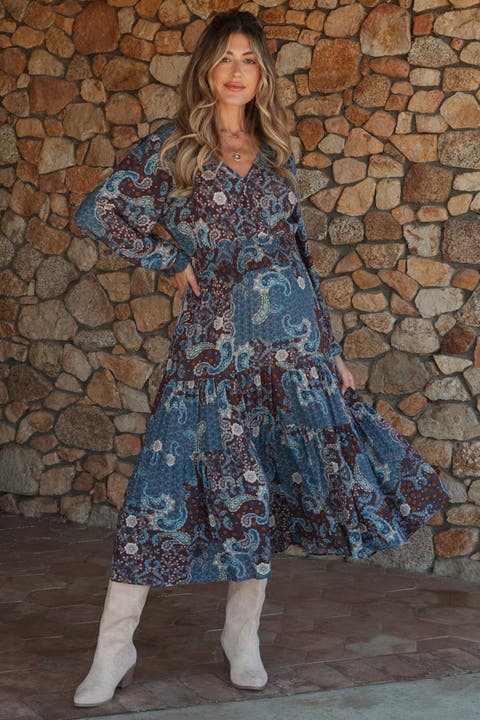 Paisley Print Smocked Waist Tiered Midi Dress