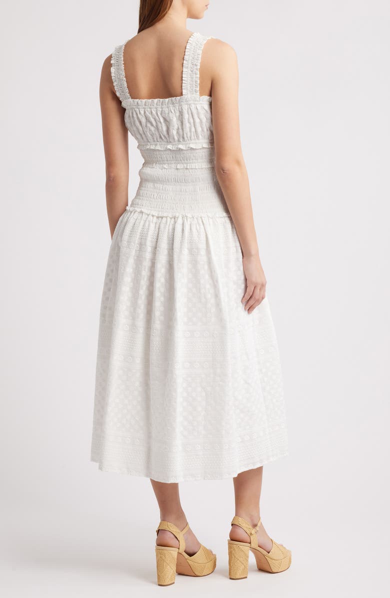 MOON RIVER Embroidered Smocked Cotton Midi Dress, Alternate, color, White