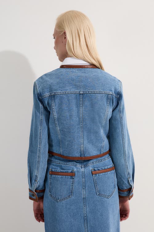 Karen Millen Denim & Leather Collarless Jacket In Blue