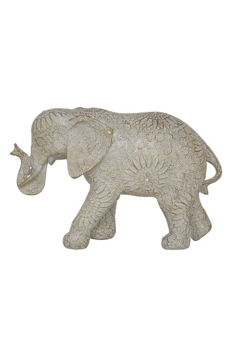 White Polystone Eclectic Elephant Sculpture