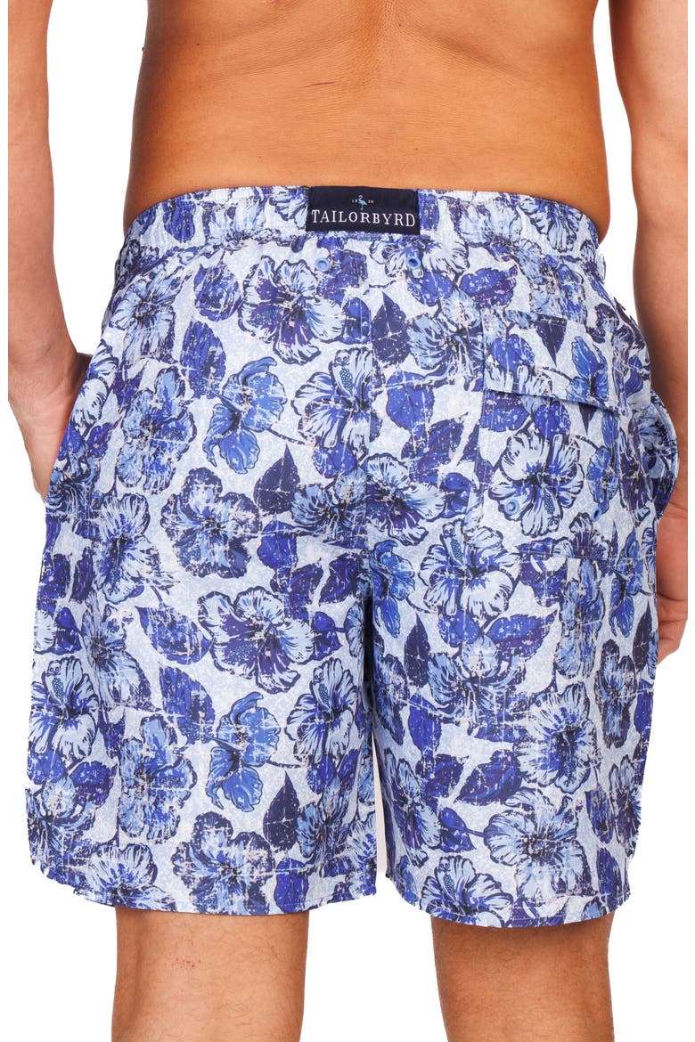 Distressed Hibiscus Swim Trunks, Alternate, color, BLUE