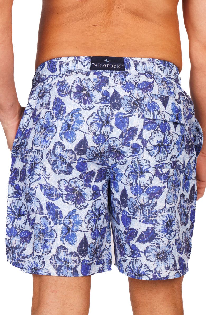 TailorByrd Distressed Hibiscus Swim Trunks, Alternate, color, Blue