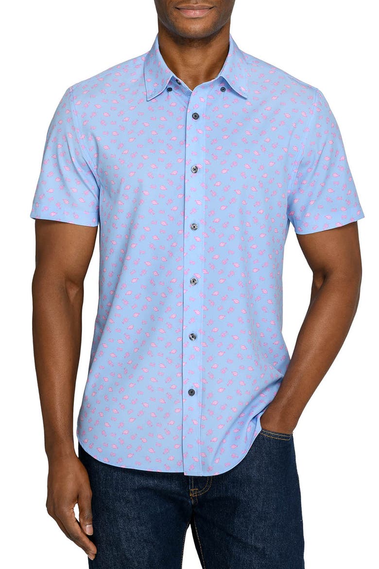 Slim Fit Crustaceans Woven Short Sleeve Basic Shirt, Main, color, DENIM/PINK