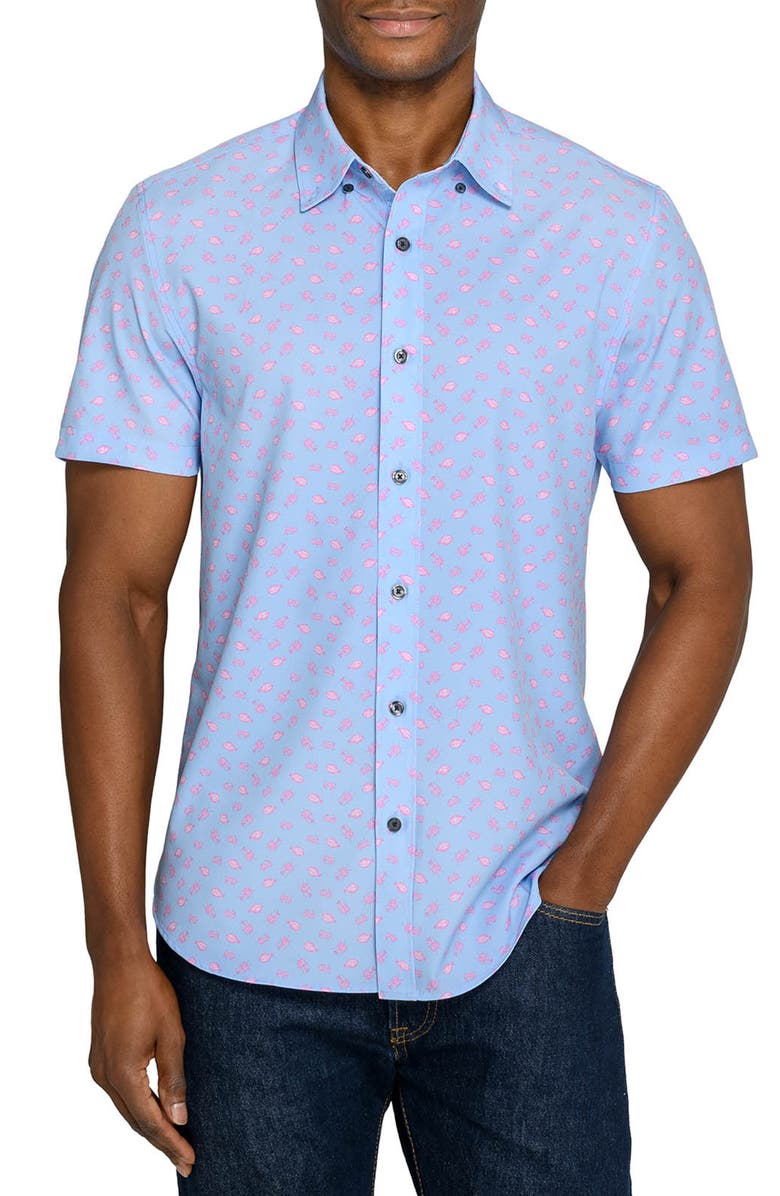 CONSTRUCT Slim Fit Crustaceans Woven Short Sleeve Basic Shirt, Main, color, Denim/Pink