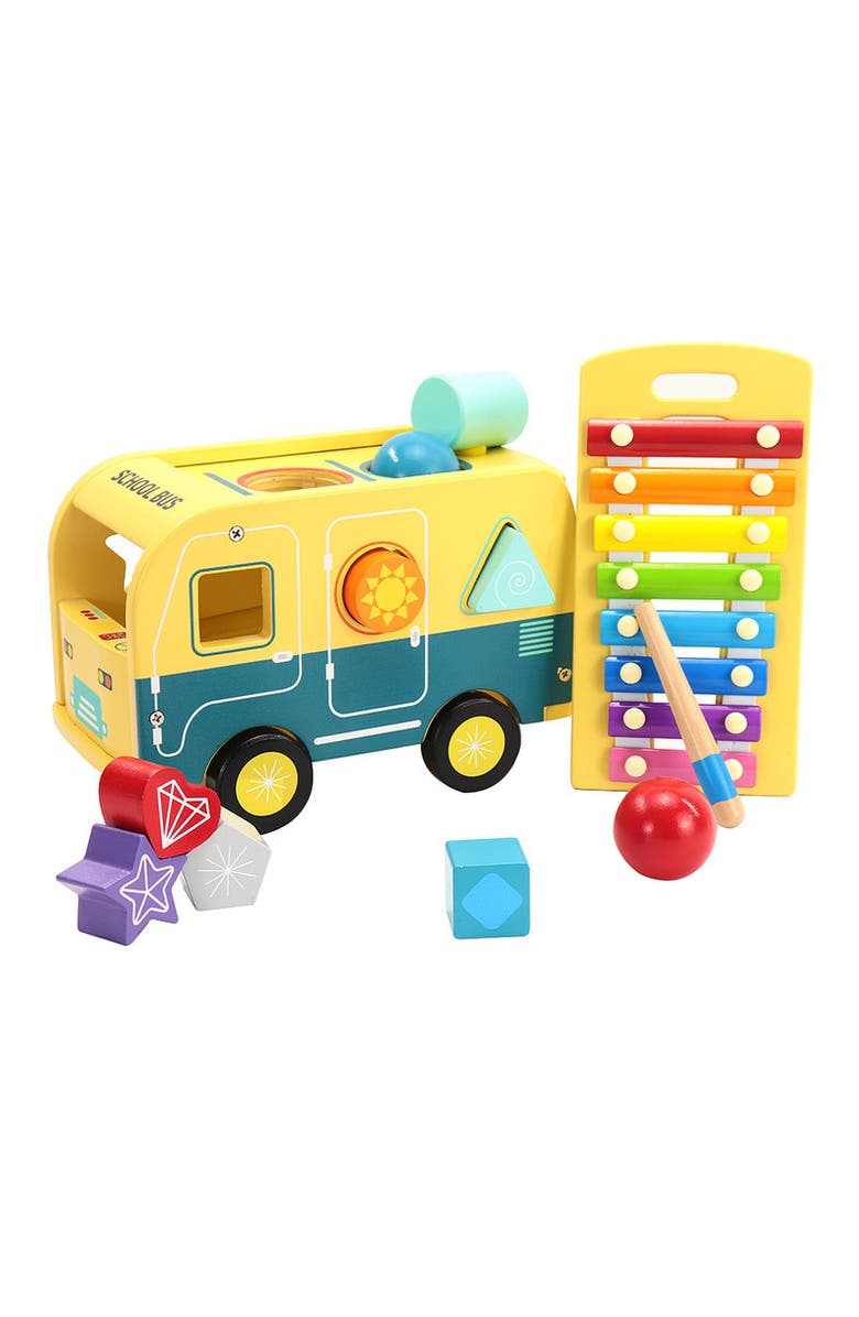 Leo & Friends School Bus Pound and Tap Bus Bench, Wooden Toy Bus with Slide Out Xylophone, Main, color, Yellow