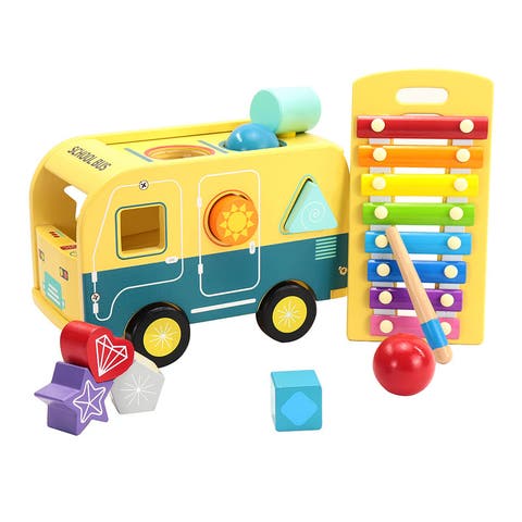 School Bus Pound and Tap Bus Bench, Wooden Toy Bus with Slide Out Xylophone