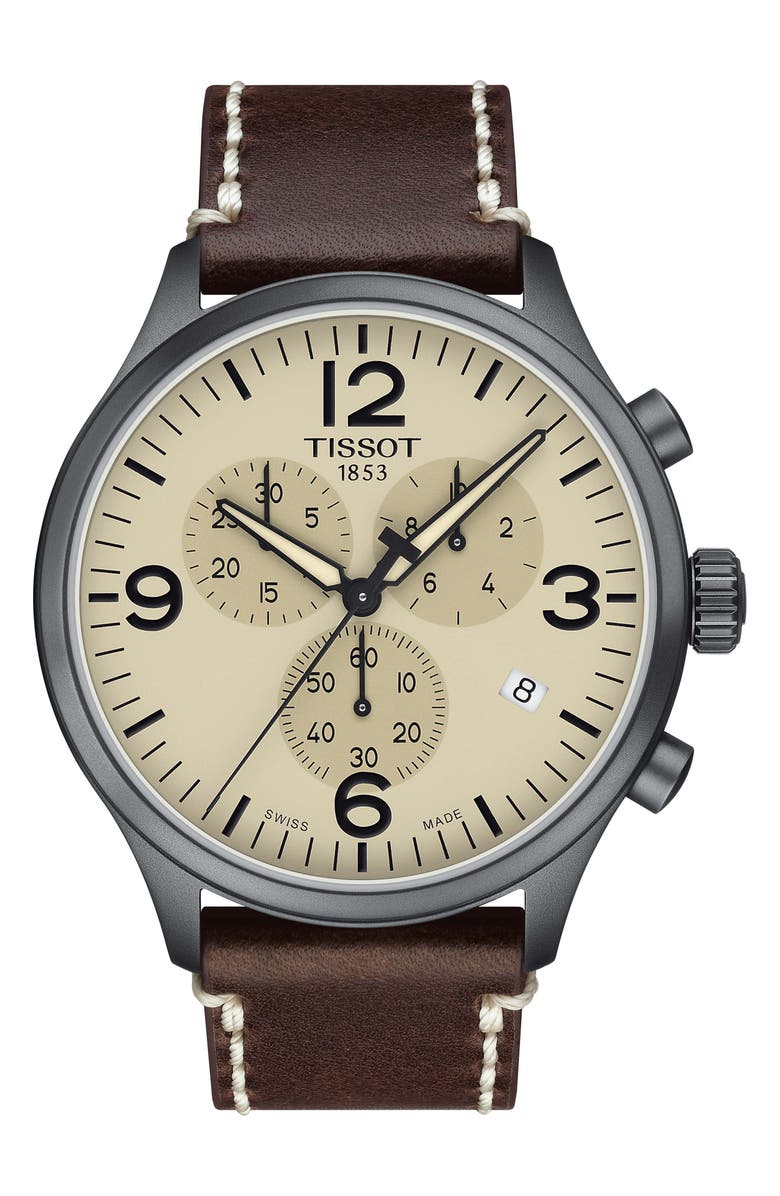Tissot Chrono XL Leather Strap Watch, 45mm, Main, color, Beige