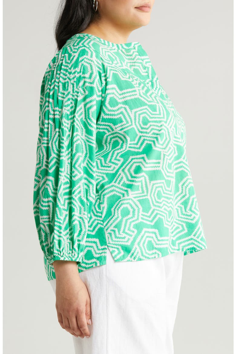 Print Split Neck Cotton Popover Top, Alternate, color, GREEN BRIGHT- IVORY LADDER GEO