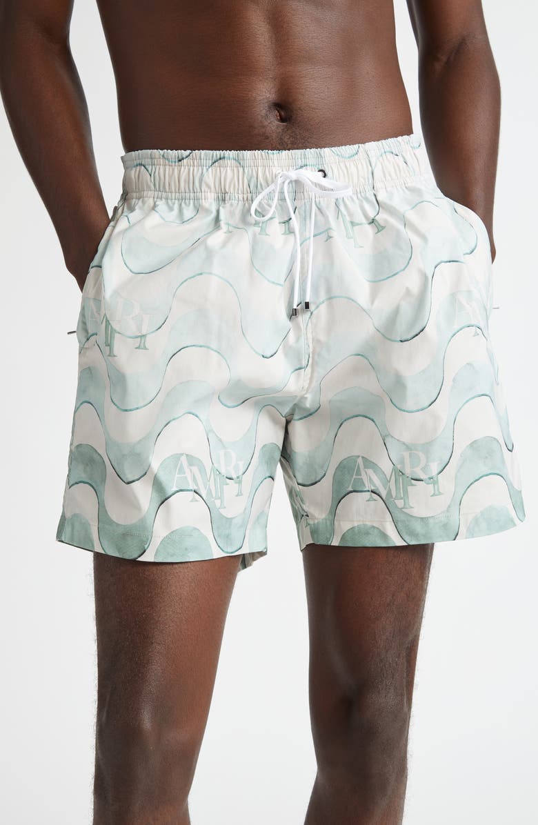 AMIRI Staggered Drawstring Swim Trunks, Main, color, Cerulean