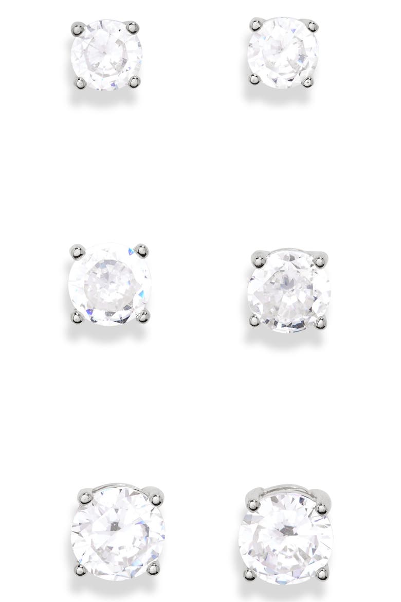 Set of 3 Stud Earrings, Main, color, CLEAR- SILVER