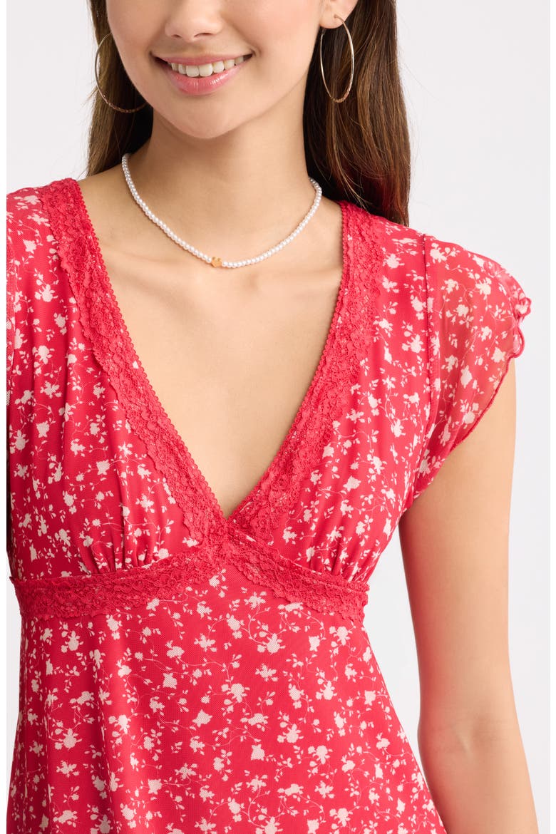 Lace Trim Flutter Sleeve Minidress, Alternate, color, RED- IVORY JENNA ROSE