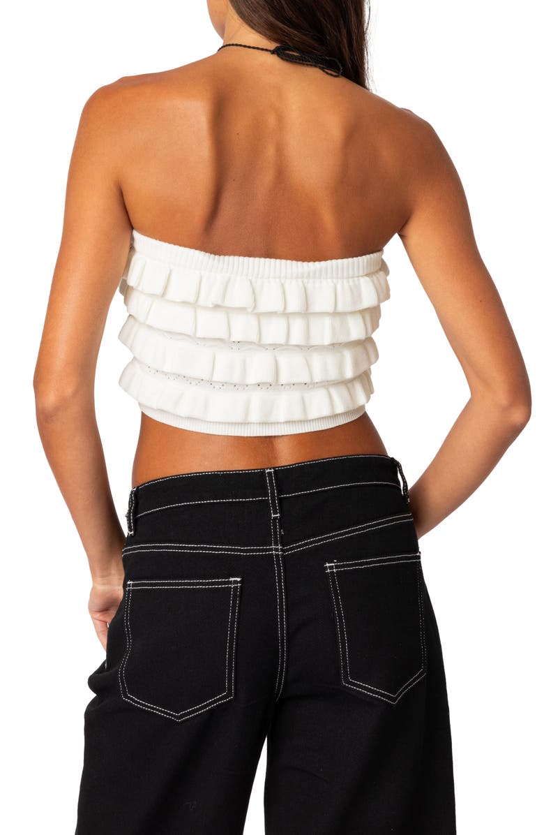 EDIKTED Robin Pointelle Ruffle Knit Tube Top, Alternate, color, Cream
