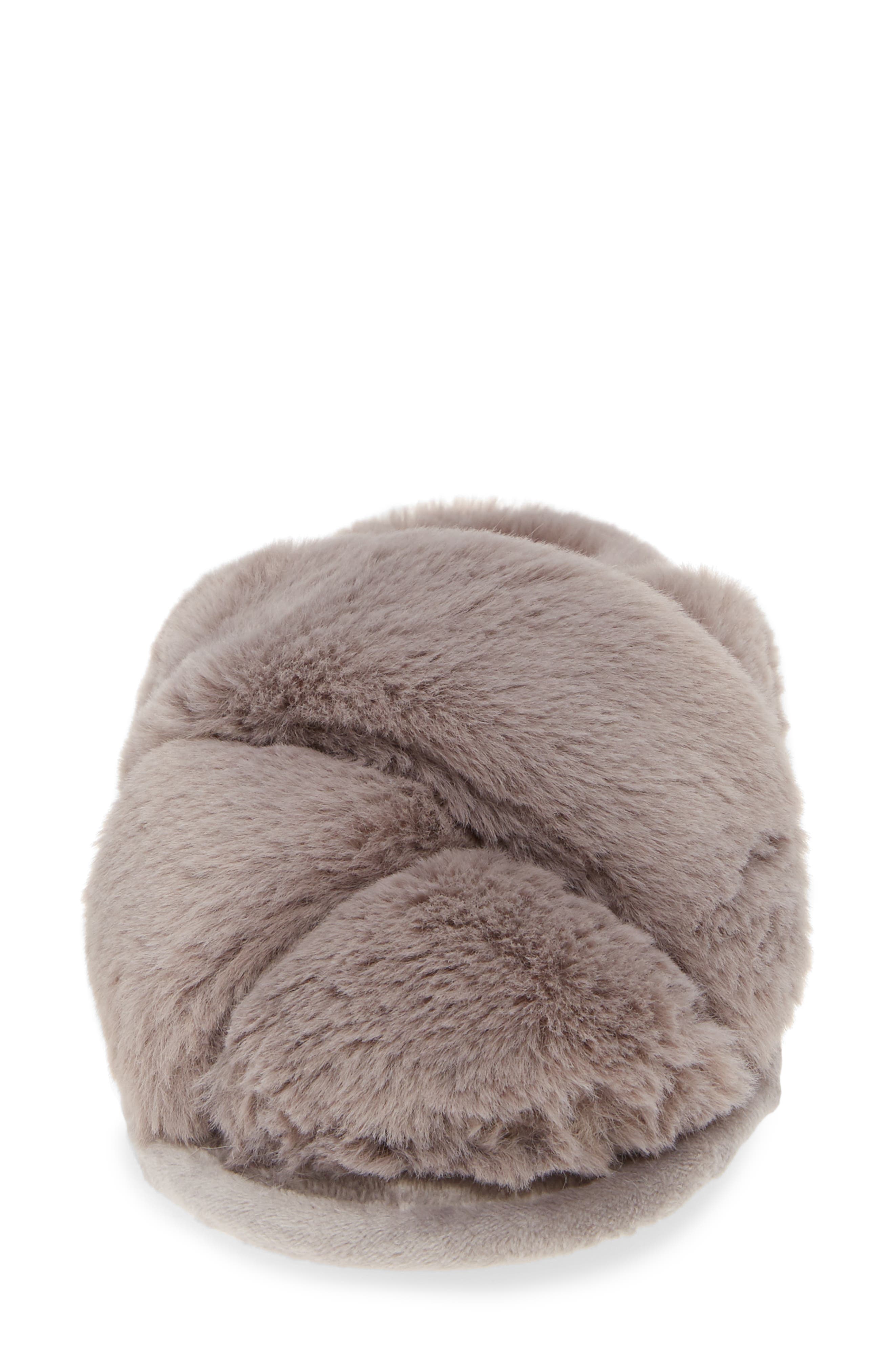 Sophie Criss Cross Plush Bedroom Slipper, Alternate, color, GREY FAUX FUR