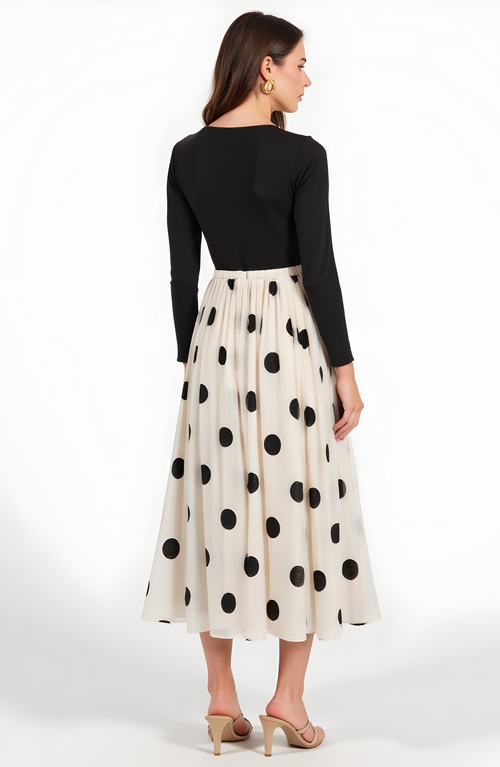 Modenaire Polka Dot Pleated Midi Skirt In White