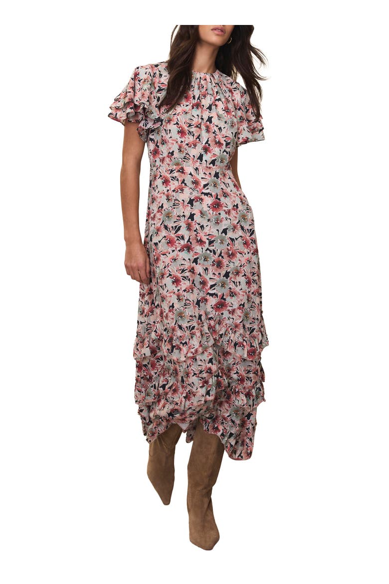 Floral Print Maxi Dress with short ruffle sleeves, Main, color, Green