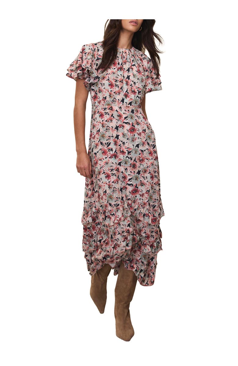 MINT VELVET Floral Print Maxi Dress with short ruffle sleeves, Main, color, Green