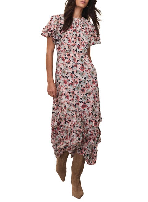 Floral Print Maxi Dress with short ruffle sleeves