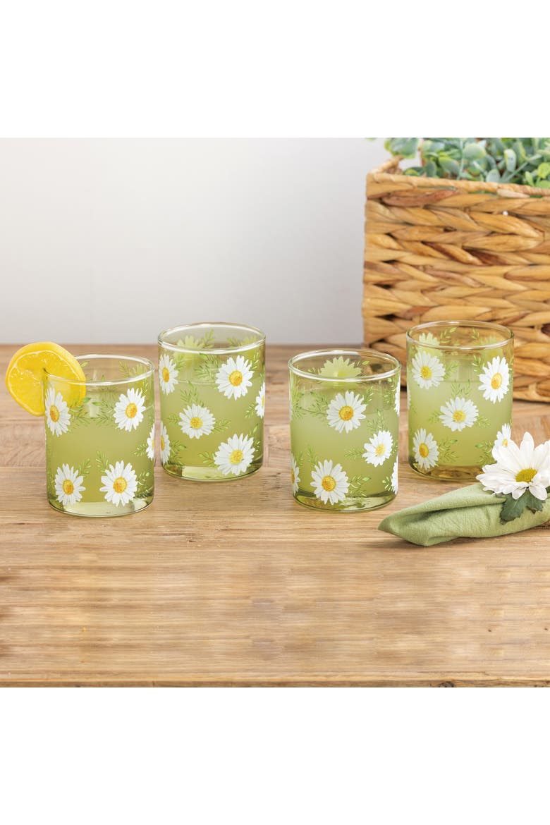Glass Daisy Juice Glasses Set of 4 Wood Multicolored for Spring Serving and Entertaining, Main, color, Multicolored