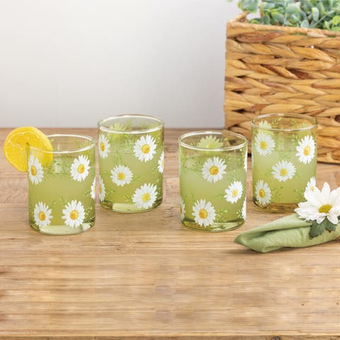 Glass Daisy Juice Glasses Set of 4 Wood Multicolored for Spring Serving and Entertaining