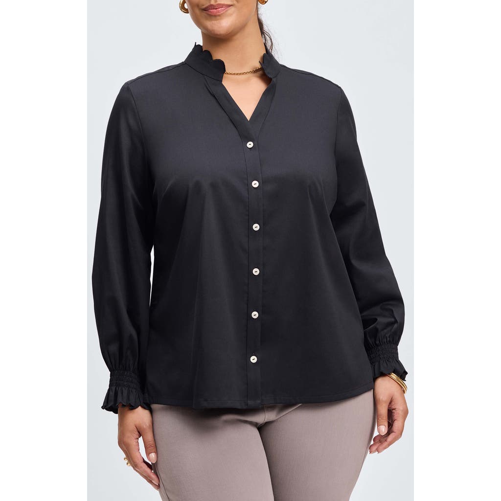 Foxcroft Elora Scallop Cotton Blend Button-Up Shirt in Black