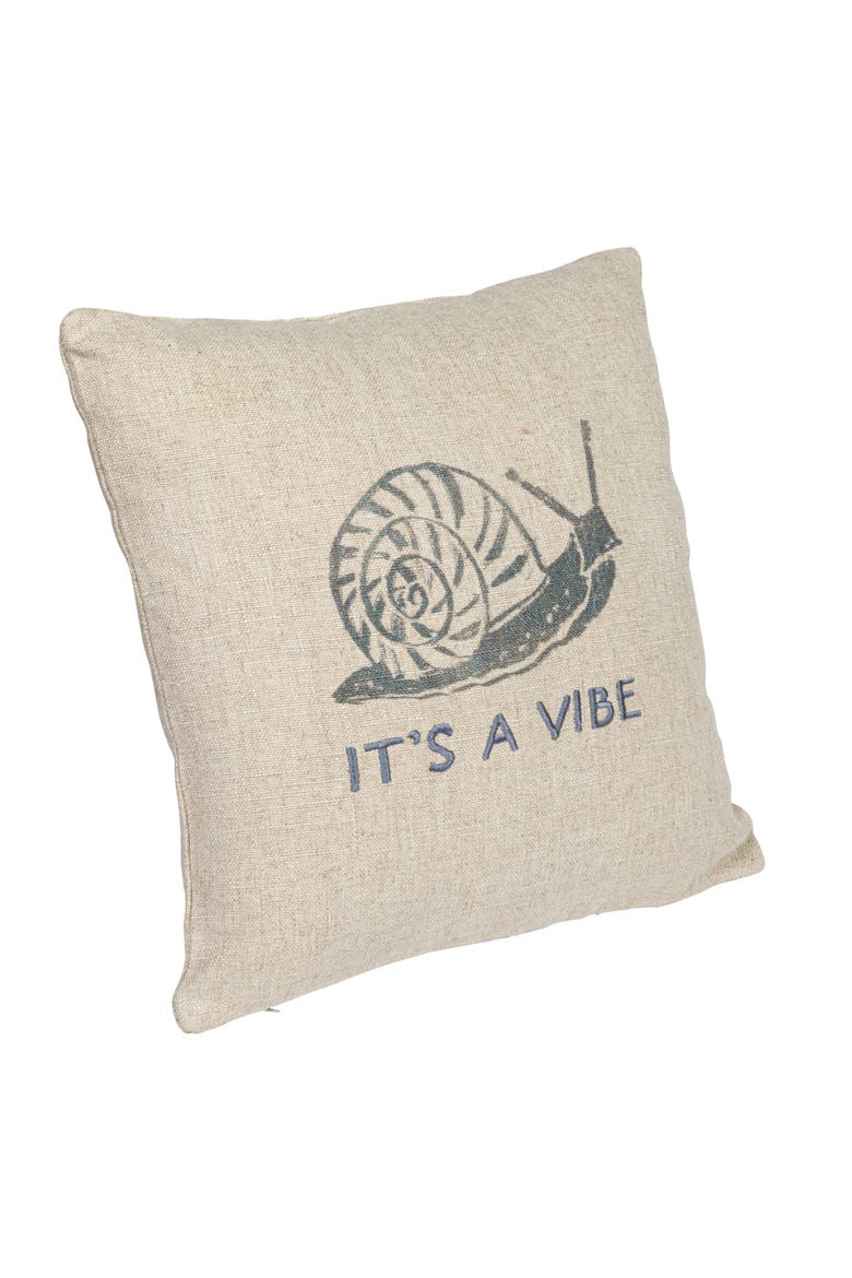 16-Inches Square Linen Blend Printed Pillow with Snail and "It's a Vibe" Text Embroidery, Natural and Gray, Main, color, Natural