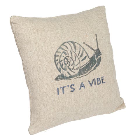 16-Inches Square Linen Blend Printed Pillow with Snail and "It's a Vibe" Text Embroidery, Natural and Gray