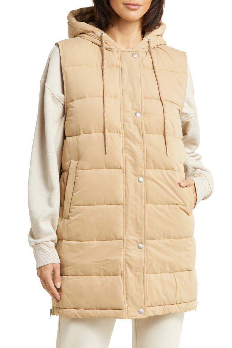 Long Hooded Puffer Vest, Alternate, color, TAN NOMAD