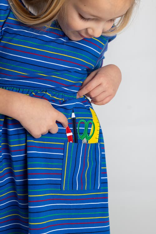 Florence Eiseman Girl's School Supplies Applique Stripe Knit Dress In Blue