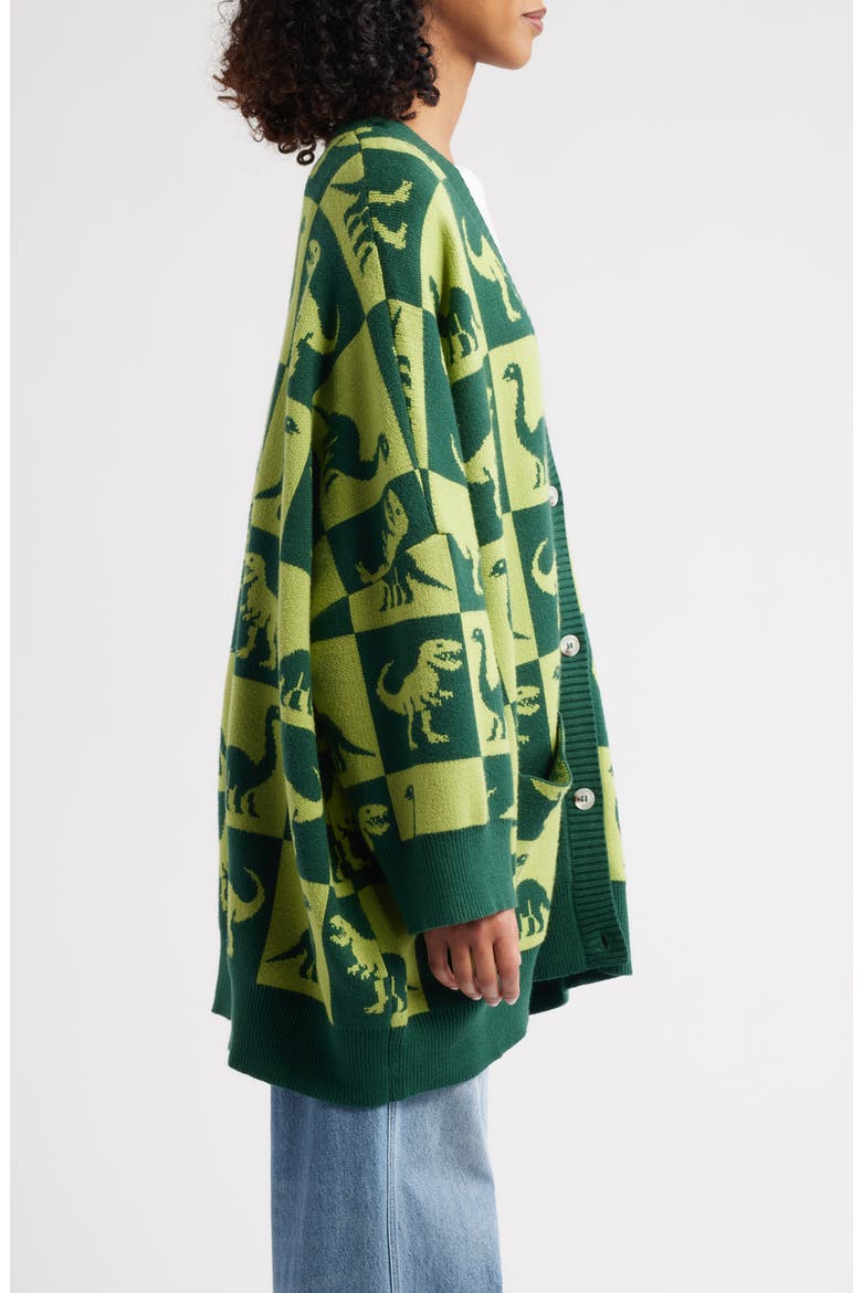 Dino Drama Oversize Jacquard Cardigan, Alternate, color, GREEN