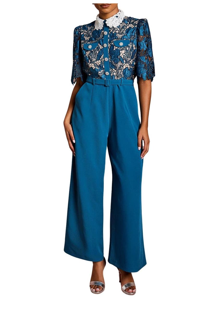Coast Petite Lace Shirt Short Sleeve Jumpsuit, Alternate, color, Slate Blue