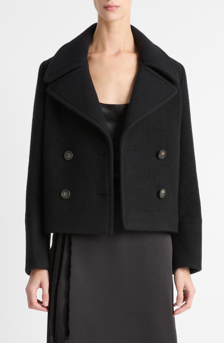 Vince Double Breasted Crop Boiled Wool Peacoat, Main, color, Black