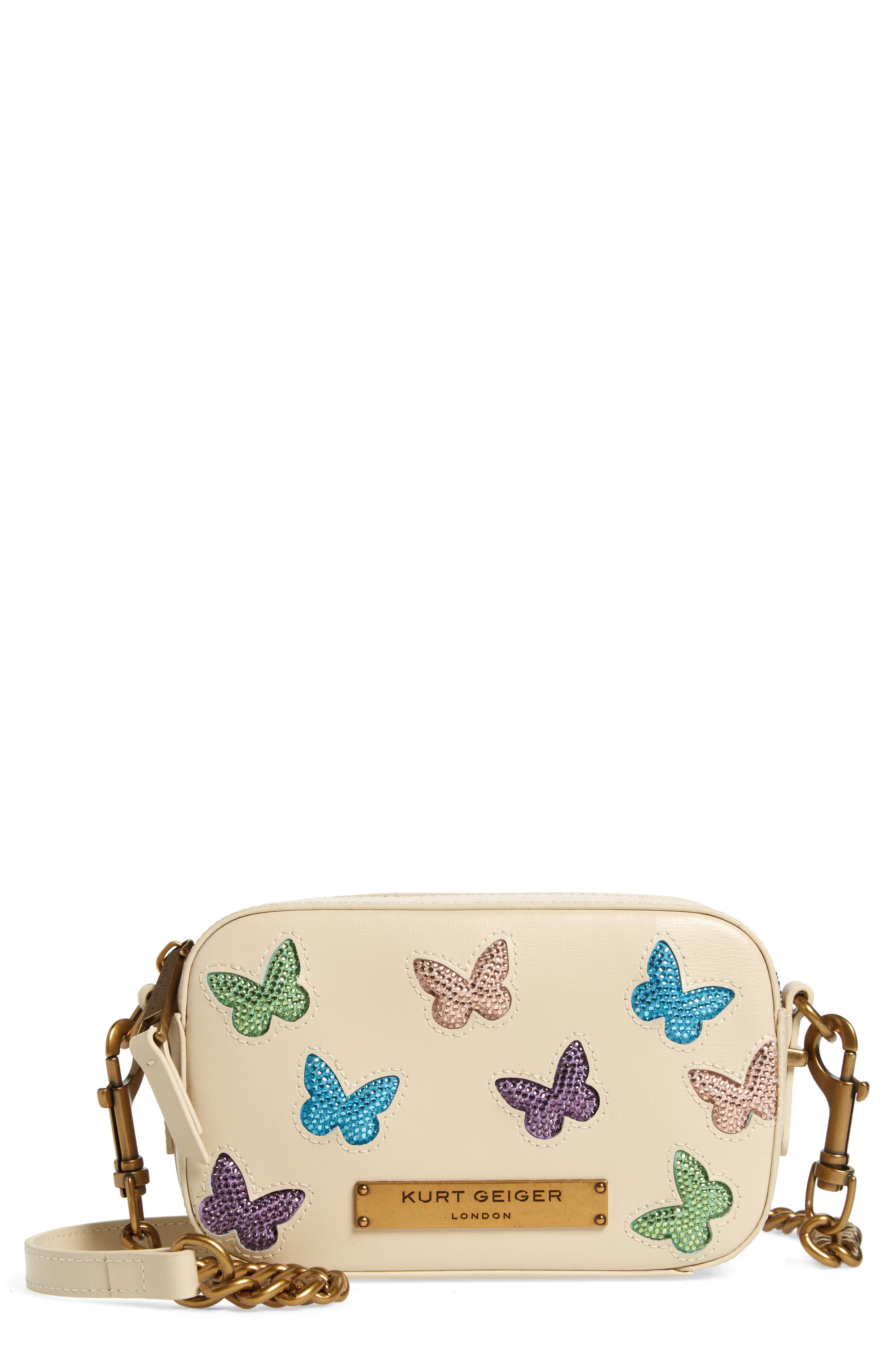 Kurt Geiger London Crystal Butterfly Leather Crossbody Bag, Main, color, 