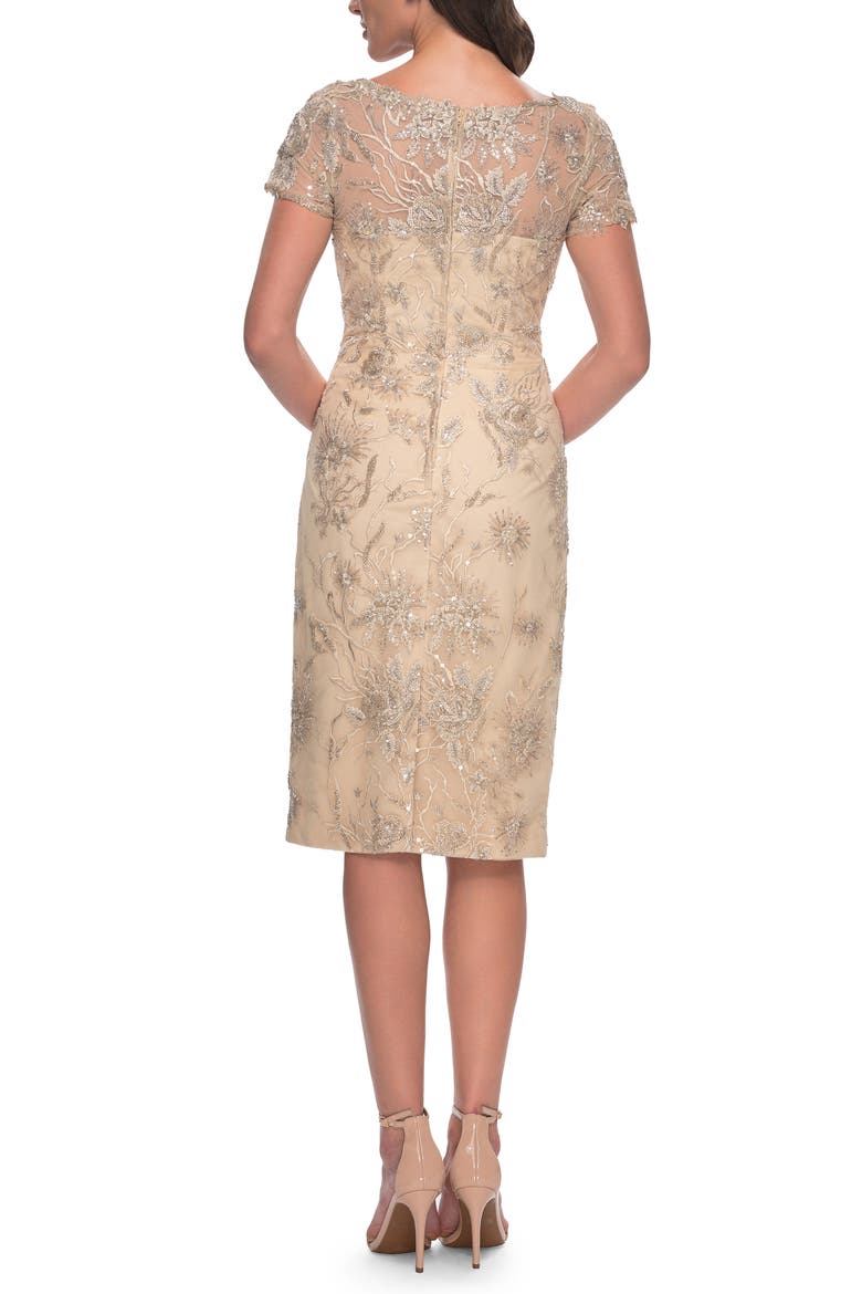 Beaded Short Evening Dress with Illusion Neckline, Alternate, color, Champagne