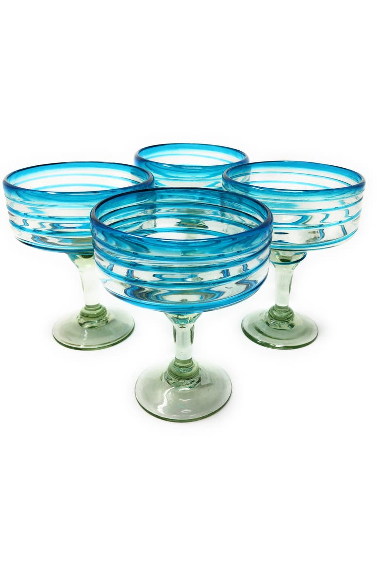 Hand Blown Spiral Design Margarita Glasses (16 oz) - Set of 4, Main, color, Aqua
