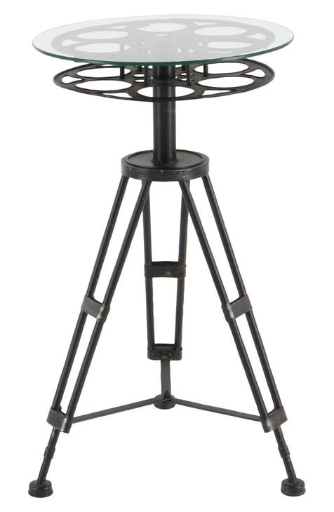 Black Metal Film Reel Accent Table with Tripod Legs and Glass Top