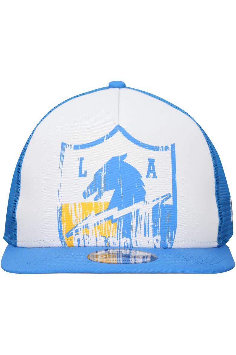Men's New Era White/Powder Blue Los Angeles Chargers Distressed 9FIFTY A-Frame Snapback Hat, Alternate, color, White