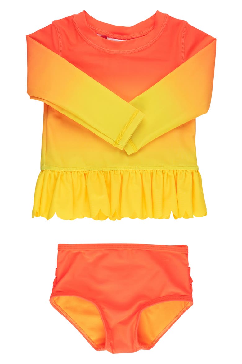 Kids' Neon Citrus Sunrise Long Sleeve Two-Piece Rashguard Swimsuit, Main, color, ORANGE