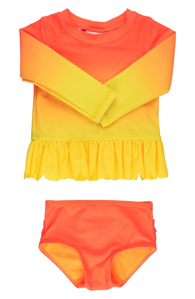 RuffleButts Kids' Neon Citrus Sunrise Long Sleeve Two-Piece Rashguard Swimsuit, Main, color, Orange