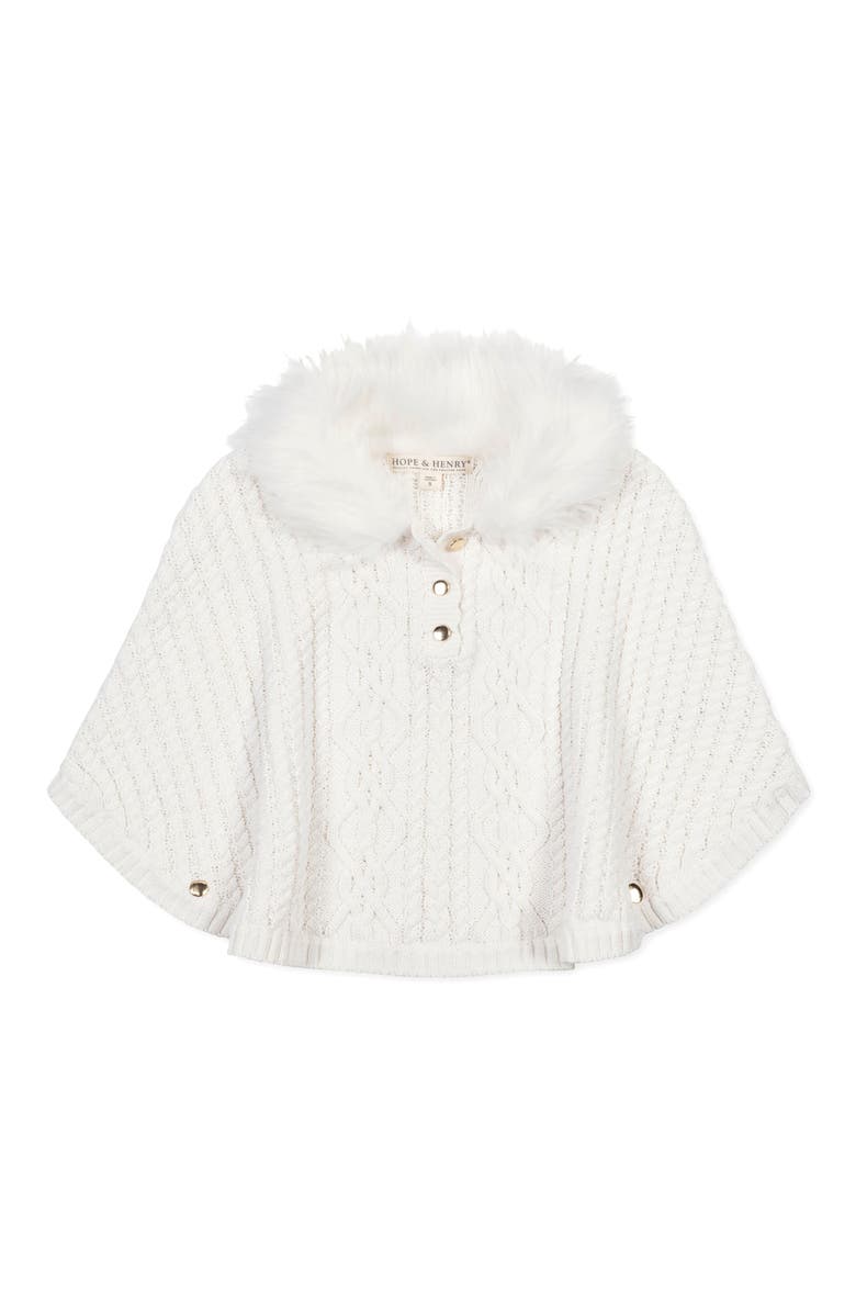 Hope & Henry Kids' Organic Cable Sweater Cape with Faux Fur, Main, color, Soft White Cable