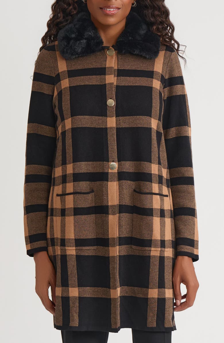KASPER Plaid Coat with Faux Fur Collar, Main, color, Black/ Dark Camel