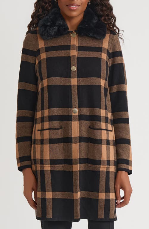 Kasper Plaid Coat With Faux Fur Collar In Brown