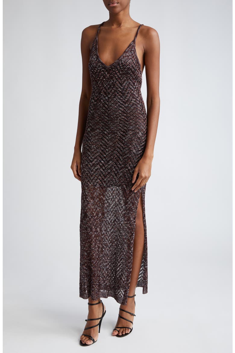 Scoop Neck Sleeveless Metallic Knit Chevron Maxi Dress, Alternate, color, BROWN TONES SPACE-DYED