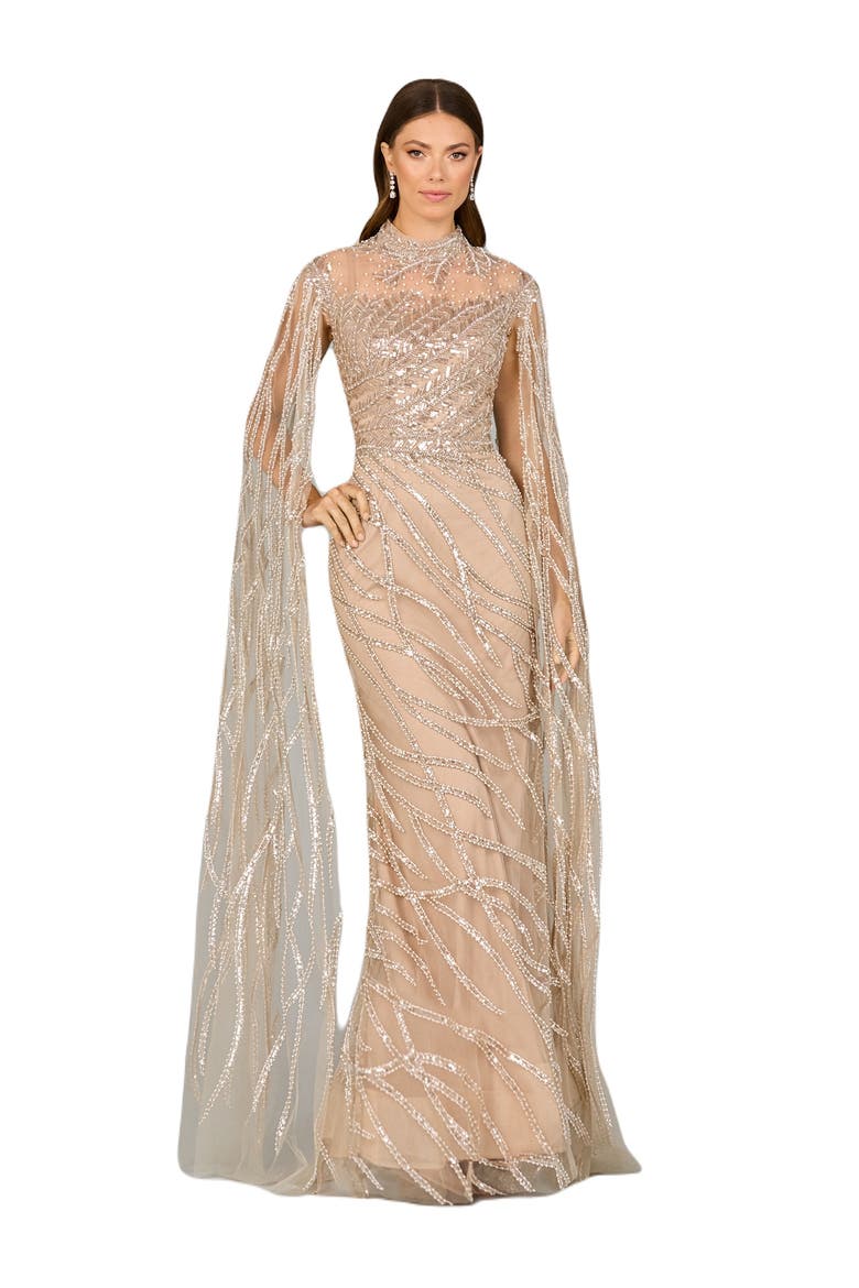 High Neck Gown with Long Cape Sleeves, Alternate, color, Nude