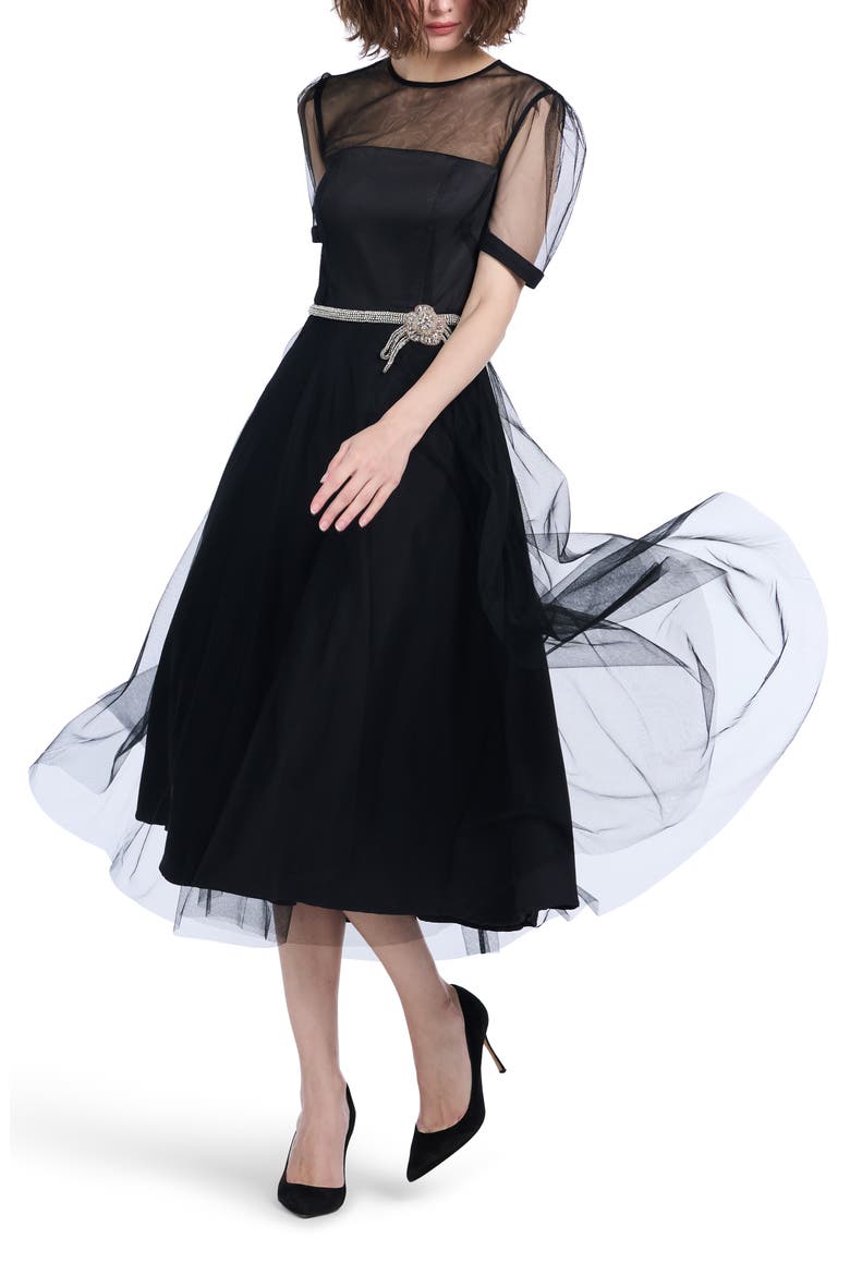 Tulle Overlay Illusion Neck Midi Cocktail Dress, Alternate, color, BLACK