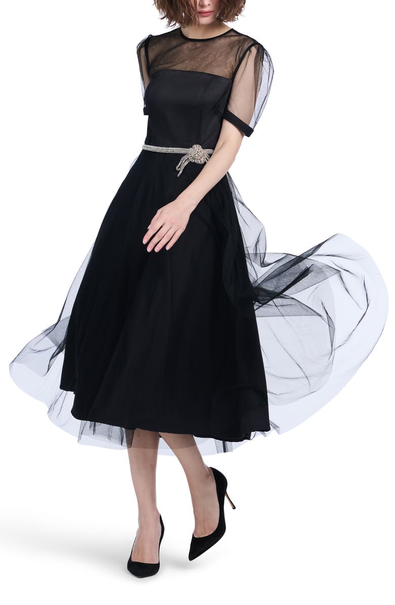 EMILY SHALANT Tulle Overlay Illusion Neck Midi Cocktail Dress, Alternate, color,