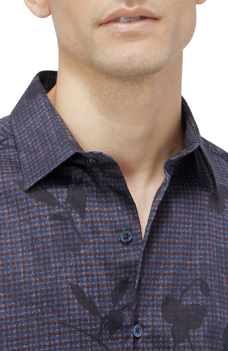 Bugatchi Julian Shaped Fit Leaf Print Lyocell Button-Up Shirt, Alternate, color, Plum