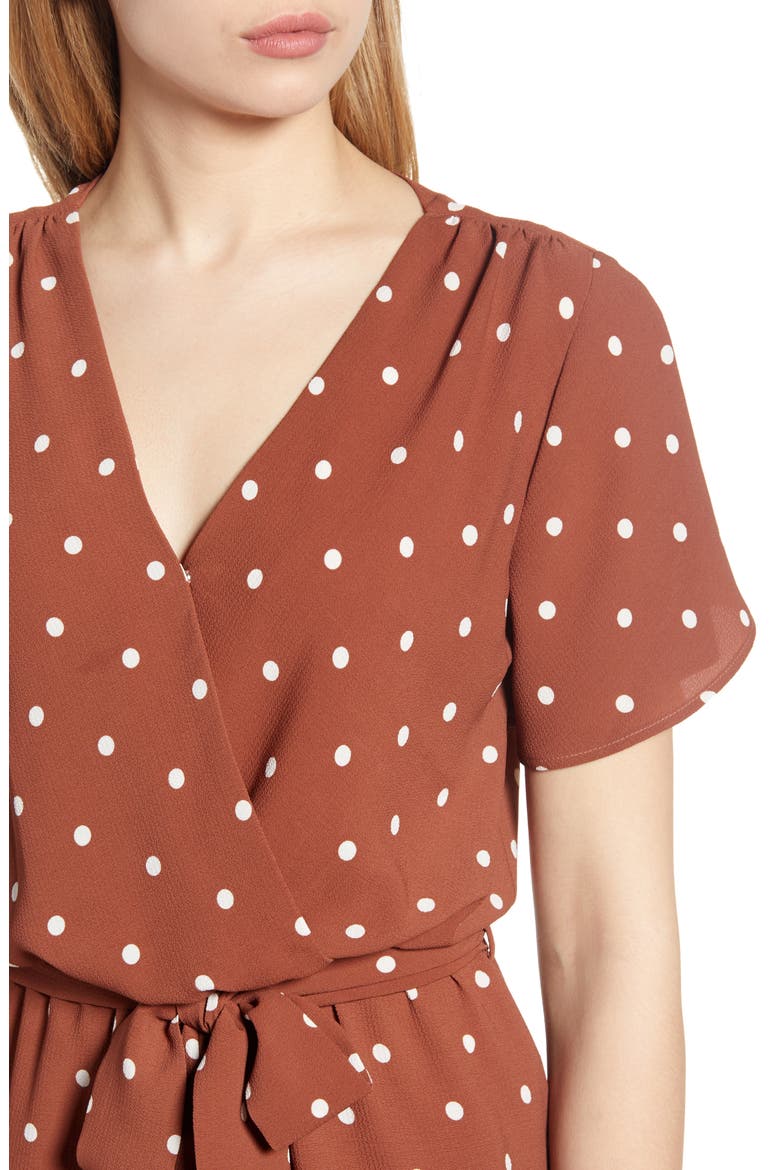 Gibson x Hi Sugarplum! Catalina Ruffle Hem Romper (Nordstrom Exclusive), Alternate, color, BROWN DOT