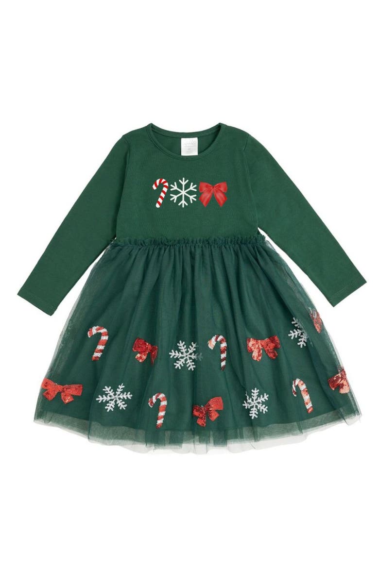 Emerald Candy Cane Sequin Christmas Long Sleeve Tutu Dress, Main, color, Emerald Green